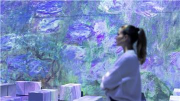 Eine Mitarbeiterin steht in der multimedialen Ausstellung „Monets Garten“.