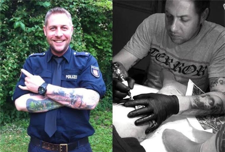 Karriere einmal anders: Vom Polizisten zum Tätowierer Links steht ein Polizist, recht ist der selbe Mann mit einer Tätowiermaschine zu sehen.