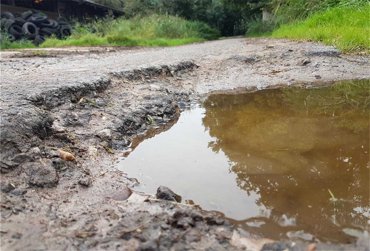 Midlum: Tiefe Schlaglöcher sorgen für Frust Wasser in Pfütze an Straße.
