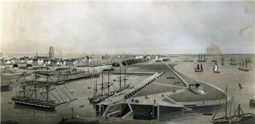 Einfahrt zum Neuen Hafen mit Schleuse um 1852. Foto NZ-Archiv