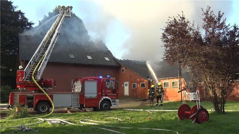 Einsatzkräfte der Feuerwehr löschen einen Brand in einem Rinderstall im Landkreis Emsland.