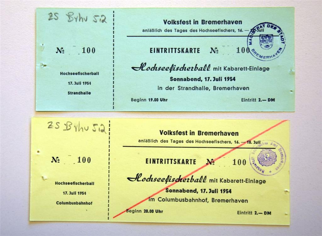 Eintrittskarten vom Hochseefischerball 1954.