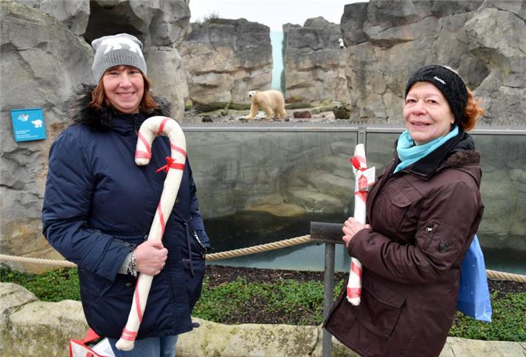 Zoo am Meer: Diese Frauen beschenken die Eisbären zu Weihnachten Eisbärin Valeska bekommt regelmäßig Besuch von Birgit Born (li.) und Ilse Baudy im Zoo am Meer in Bremerhaven. Zu Weihnachten gibt es sogar Geschenke. Foto Scheschonka