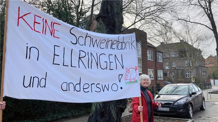 OVG lehnt Erweiterung von Schweinezuchtanlage ab Elke Redlich von der Bürgerinitiative Region Dahlenburg protestiert mit anderen Demonstranten mit einem Plakat „Keine Schweinefabrik in Ellringen und anderswo!“ gegen die Vergrößerung einer Schweinezuchtanlage in Ellringen.