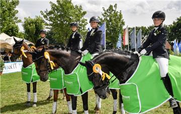 Elmlohe 1 ist Kreismeister der Mannschaftsdressur A mit v. li. Katja von der Lieth, Manon John, Gabriele Loscinski-Christiansen, Jana Wienholz. Nina von der Lieth fehlt. Foto: Scheschonka
