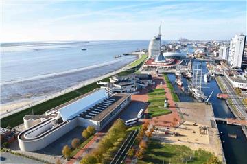 Luftaufnahme von Bremerhaven mit dem Fokus auf das Deutsche Schifffahrtsmuseum