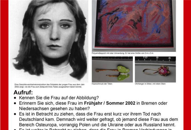 „Eigenartiger“ Anruf bei Aktenzeichen XY zur „Toten aus der Weser“ Fahndungsplakat der Moko "Carpet"