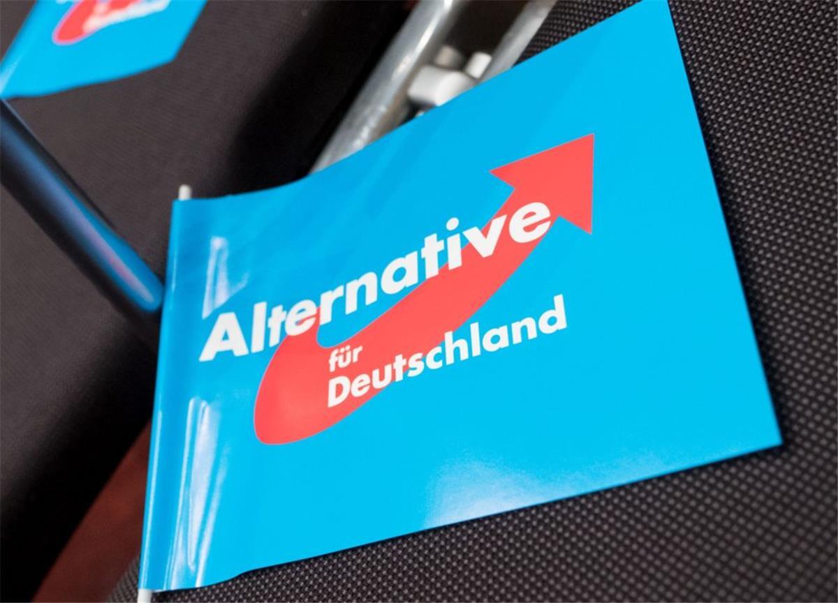 AfD in Bremen hat neuen Chef gewählt Fahnen der Partei Alternative für Deutschland (AfD) liegen vor Beginn der Wahlkampfveranstaltung der AfD in den Sitzreihen.