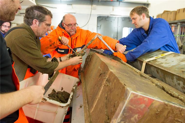 Fahrtleiter Prof. Rüdiger Stein (Mitte) und sein Team begutachten im "Polarstern"-Labor den am Lomonossow-Rücken geborgenen Sedimentkern. 