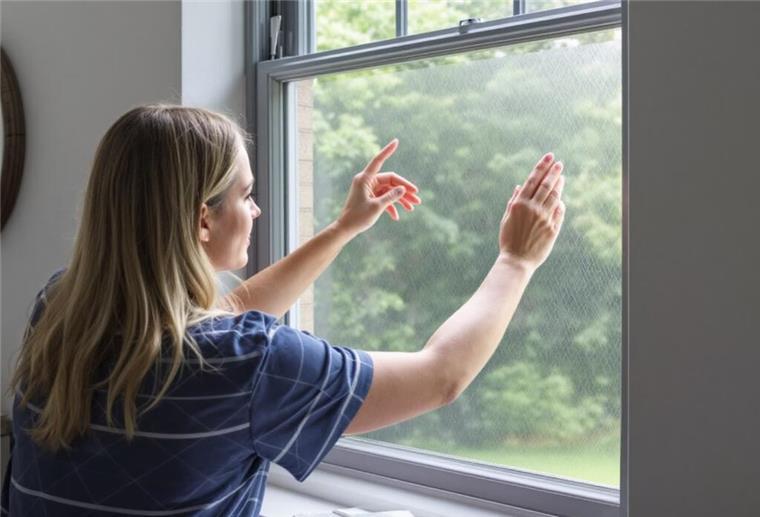 Die unsichtbare Sanierung: Wie Fensterfolien den Wohnkomfort in Norddeutschlands Häusern steigern Junge Frau steht am Fenster und bringt eine Folie an.