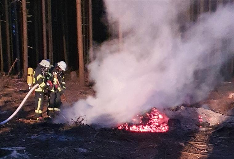 Wehdel: Baumschnittabfälle brennen im Wald Feuerwehreinsatz zwischen Heidekultur und Donnern.