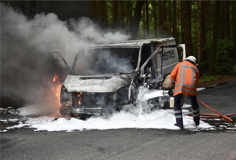 Hepstedt: Paketbote sieht Wagen in Flammen aufgehen Feuerwehrleute aus Hepstedt, Kirchtimke und Tarmstedt löschten das Fahrzeug.