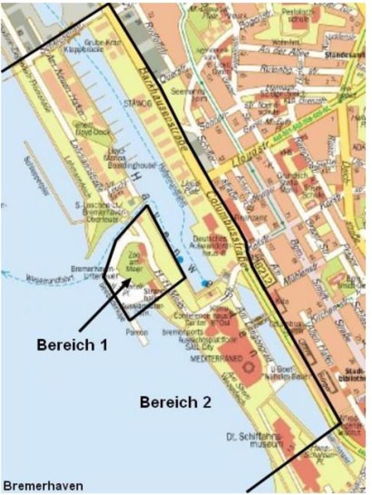 Feuerwerksverbotszone rund um den Zoo am Meer. In Bereich 1 gilt ein dauerhaftes Feuerwerksverbot. In Bereich 2 darf zwischen 18 Uhr am 31. Dezember und 1 Uhr am 1. Januar Feuerwerk stattfinden, im restlichen Jahr gilt auch hier ein Feuerwerksverbot.