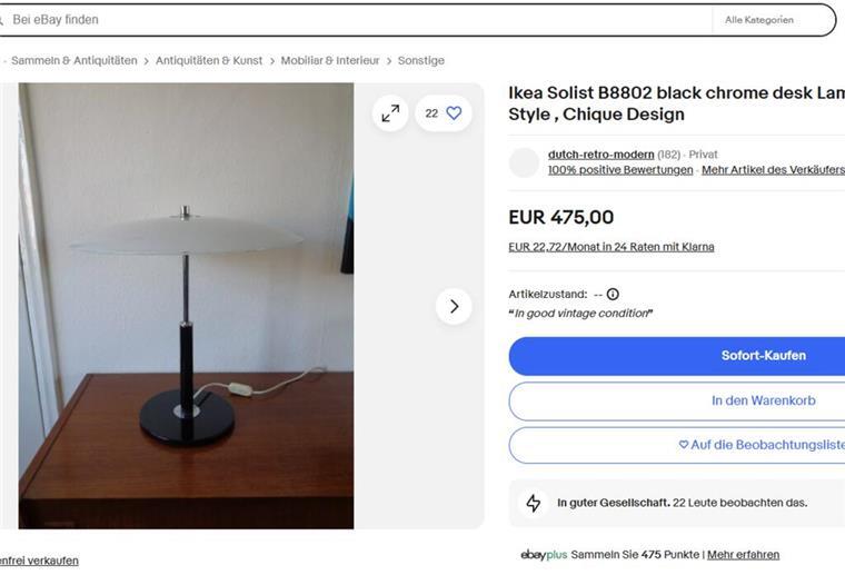 Diese Ikea-Lampe stand in vielen Wohnzimmern - Jetzt ist sie bis zu 500 Euro wert Für alte Ikea-Möbel kann man noch viel Geld bekommen. Die Lampe Solist B8802 wird für 475 Euro bei Ebay angeboten.