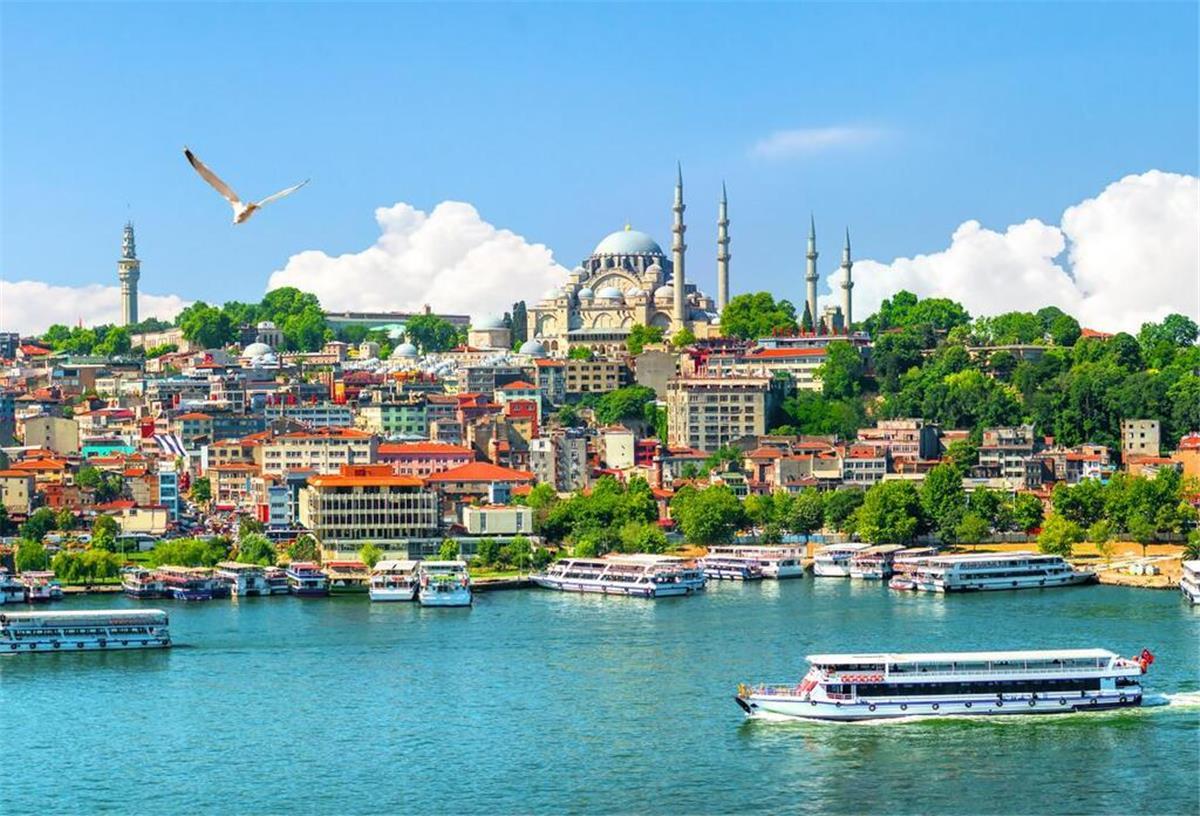 Panoramablick auf Istanbul mit Moschee, farbenfrohen Häusern und Booten auf dem Bosporus