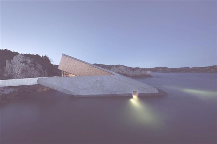 In diesem Restaurant in Norwegen sitzt man unter Wasser Futuristisch und halb versenkt steht das neue Restaurant "Under" im Meer - von den Tischen aus können die Gäste das Leben unter Wasser beobachten.