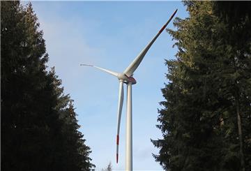  Ein Windrad steht im Wald