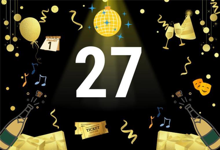 Türchen 27: Tages-Familienkarte für das Universum Bremen Die Zahl 27 mit Silvester-Motiven.