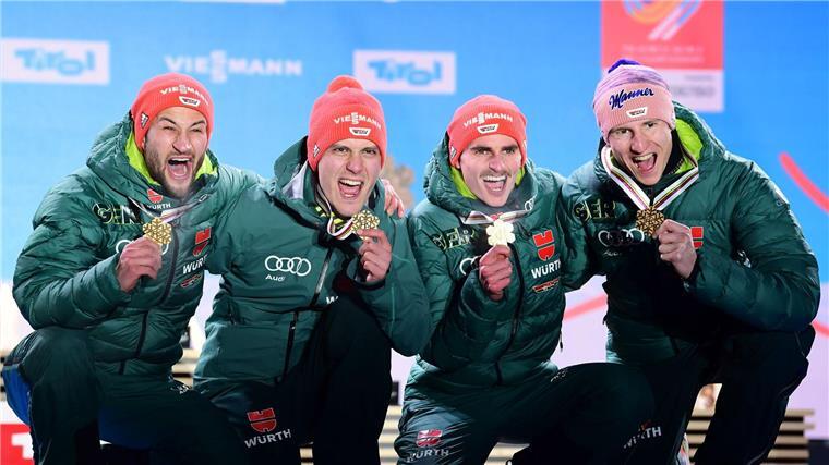 Leyhe macht Schluss: Sekt bei Skispringern nur zum Abschied Gold-Quartett von Seefeld: Eisenbichler, Leyhe, Freitag, Geiger.