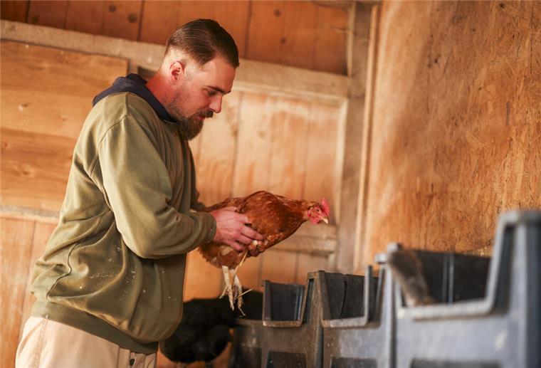 Gefängnis-Hühner in der JVA – Resozialisierung durch Tierliebe Ein Mann hält eine Henne in den Händen