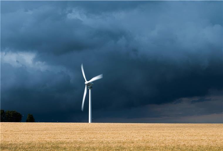 Kurz vor der Bundestagswahl: Fridays for Future streikt Ein Windrad auf einem Feld.