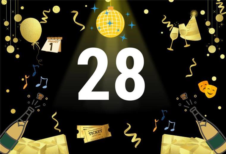 Türchen 28: Karten für die Erlebniswelt im OLantis Die Zahl 28 mit Silvester-Motiven.