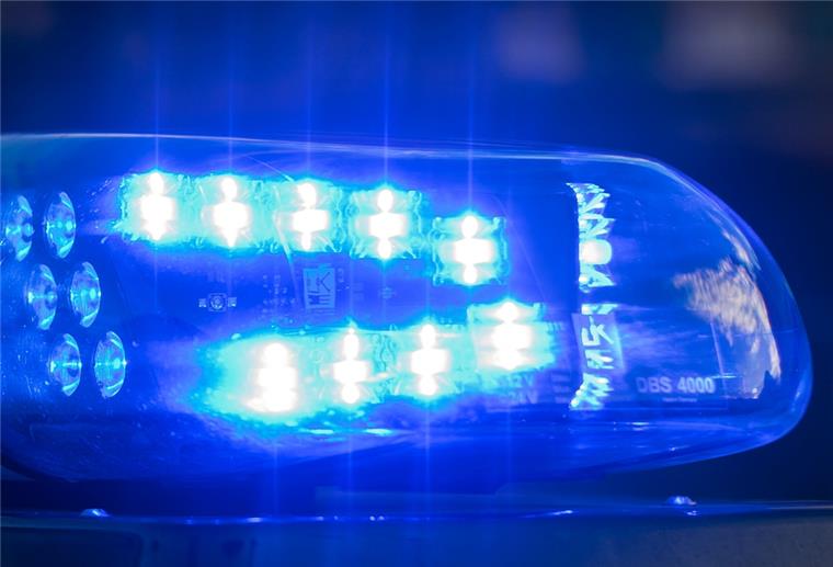 Unbekannte fällen Baum in Beerster Kurpark Das Blaulicht auf einem Fahrzeug der Polizei leuchtet in der Dunkelheit.