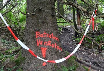 Auf einem Baum vor der ehemalige Sprengstoff-Fabrik "Werk Tanne" steht in roter Schrift "Betreten verboten!"