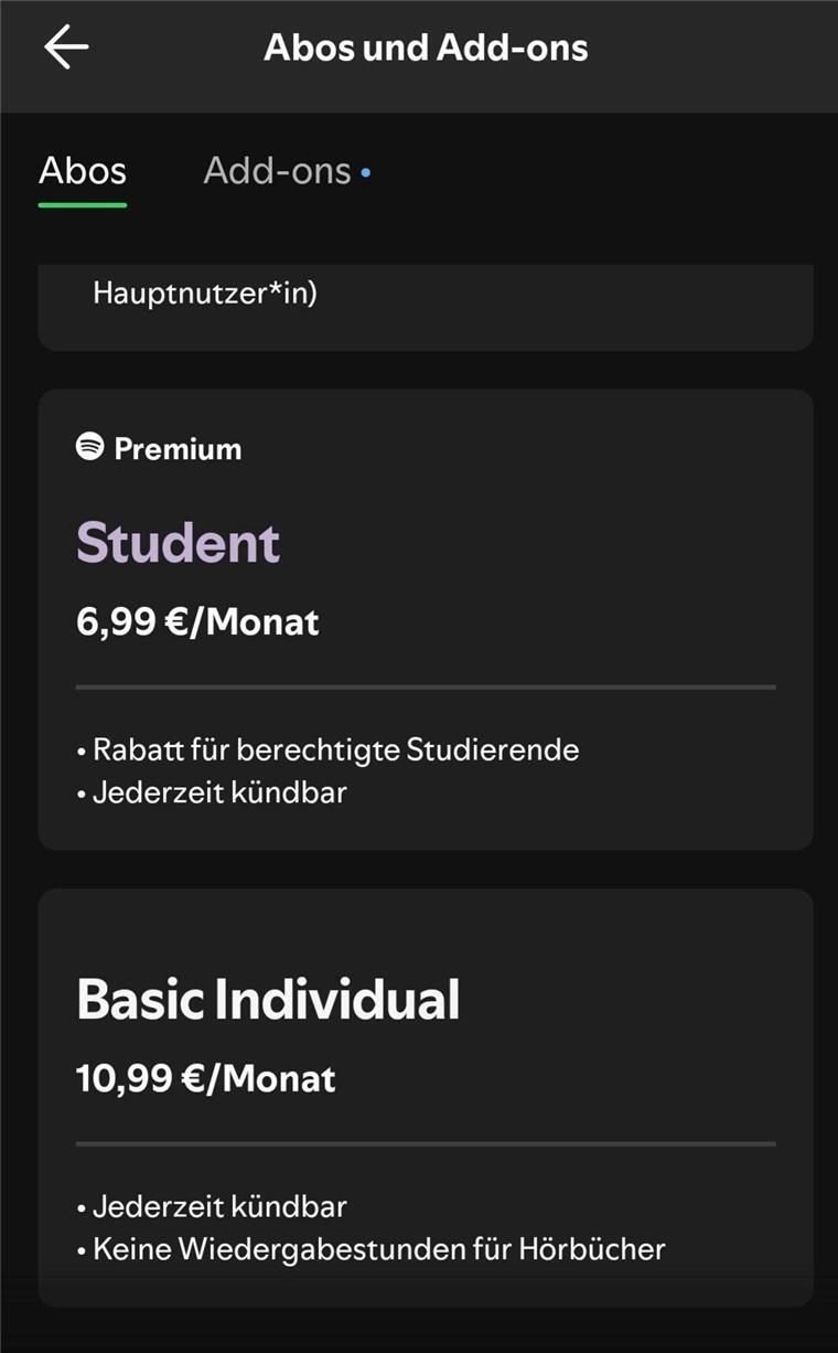 Einfacher Spotify-Trick! Mit wenigen Klicks die Preiserhöhung umgehen Auf einem Smartphone sind verschiedene Abo-Modelle des Musik-Streamingdienstes Spotify zu sehen.