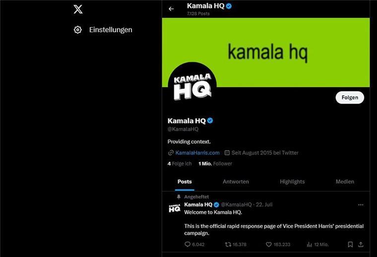 Memes von Kamala Harris erobern das Netz - „kamala IS brat“ Inspiriert von Charli XCX: Wahlkampf-Account von Kamala Harris auf X mit grünem Logo.