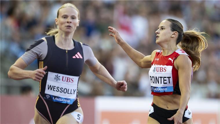 Kugelstoß-Olympiasiegerin Ogunleye in Lausanne Zweite Jessica-Bianca Wessolly (l) landete beim Diamond-League-Meeting in Lausanne über die 200 Meter auf Platz zwei.