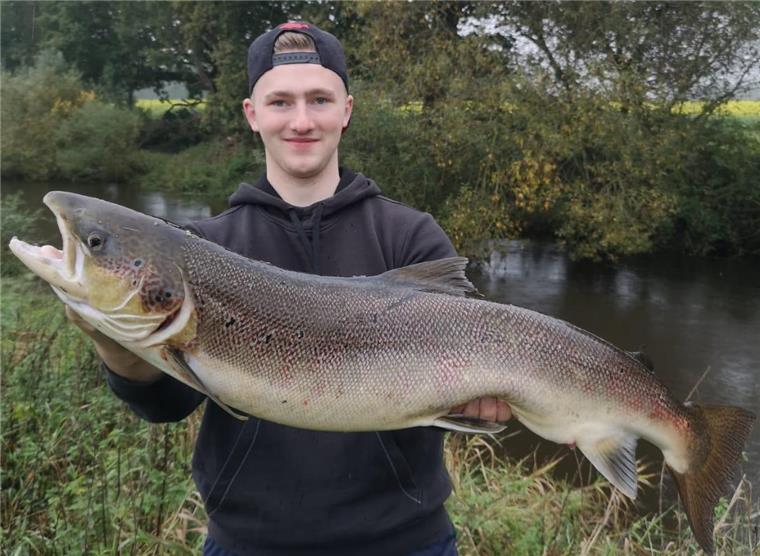 Anglerglück: Selsinger zieht atlantischen Lachs aus der Oste Kapitaler Fang: Lukas Bäuerle aus Selsingen angelte einen fast einen Meter langen Lachs aus der Oste. Wo genau, das verrät er nicht.