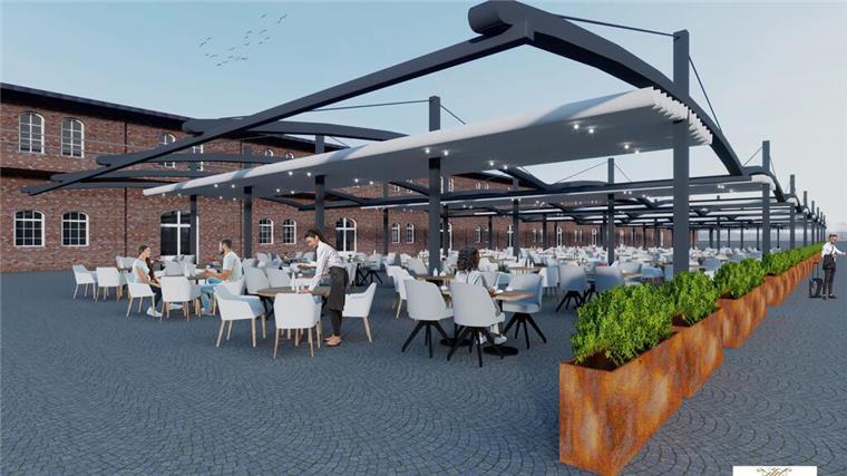 Traum von geschützten Biergärten im Bremerhavener Fischereihafen ist geplatzt Biergarten unter einer geöffneten Pergola.