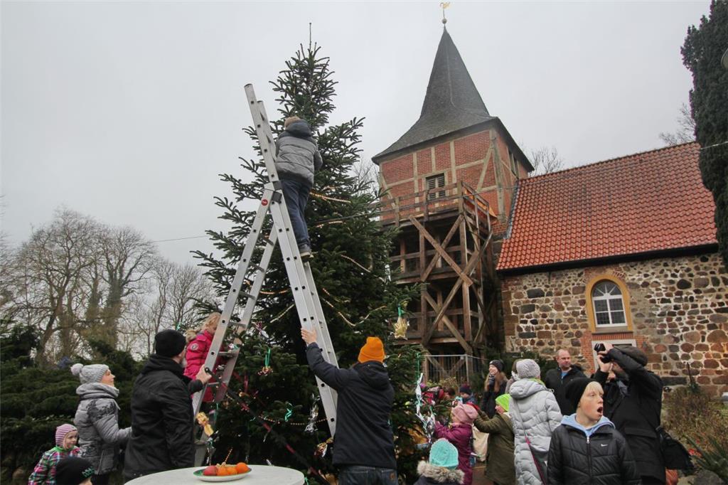 Kinder haben den großen Weihnachtsbaum in Bexhövede von einer Leiter aus mit sel...
