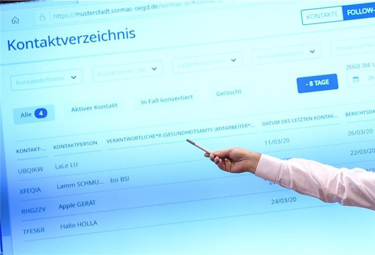 Person mit Stift in der Hand zeigt auf eine Leinwand. 