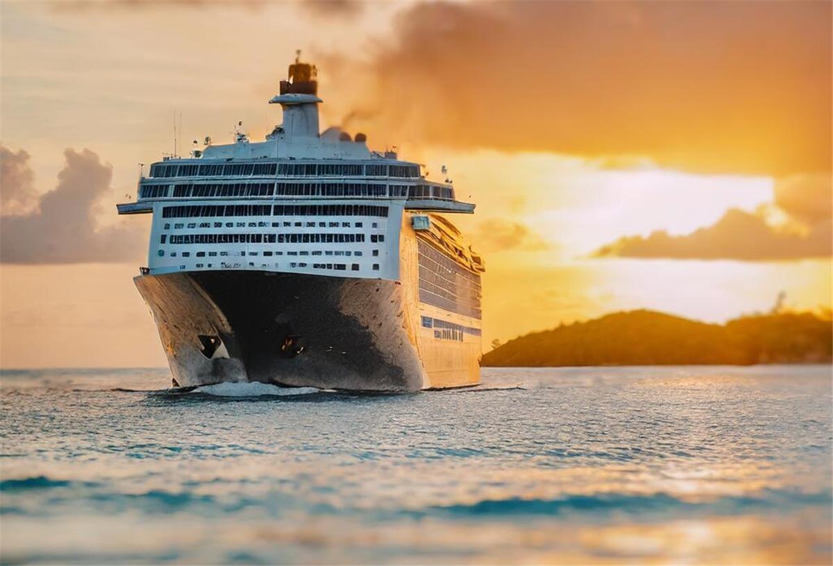 Ein Kreuzfahrtschiff fährt in den Sonnenuntergang.