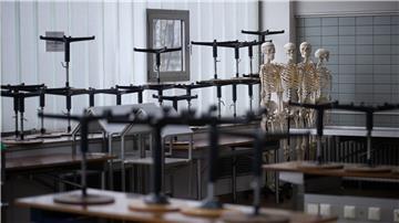 Künstliche Skelette stehen in einem Saal, in dem Studierende an Körperspenden arbeiten.