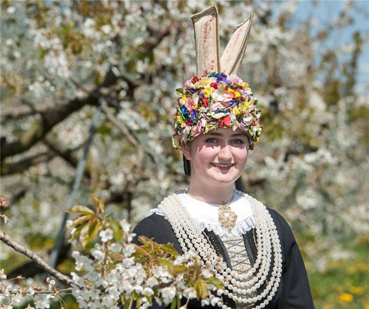 Kurz nach ihrer Krönung präsentiert sich die neue Blütenkönigin des Alten Landes, Hilke Lösing, zwischen den blühenden Bäumen einer Kirschplantage in Jork (Niedersachsen) vor. Die Zeremonie findet traditionell während des alljährlichen Blütenfestes statt.
