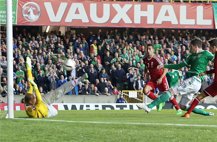Kyle Lafferty (grünes Trikot) von Norwich City ist im Team der nordirischen Nationalmannschaft gesetzt. Er droht jedoch auszufallen, so dass der Drittliga-Spieler Will Grigg womöglich gegen Polen spielen darf. Grigg wird trotz geringer Torgefahr in seinem Heimatland gefeiert.