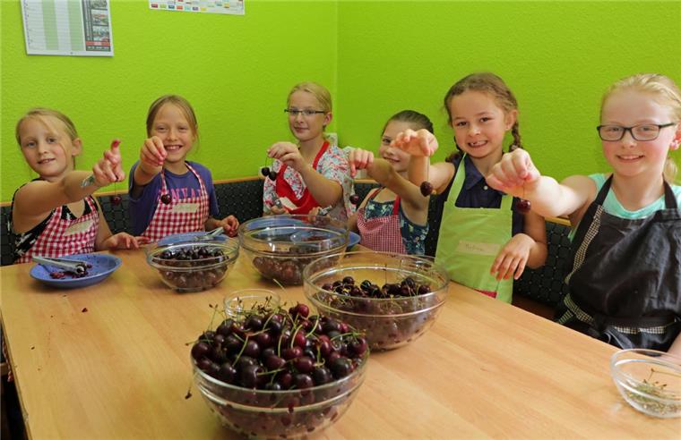 Zeven: Mädchen haben viel Spaß beim Kirschentag im Jugendzentrum Lara, Sarah, Emma, Serafina, Medina und Myra (von links) haben sich an das Entsteinen der Kirschen gemacht, innerhalb von gut 30 Minuten waren sechs Kilo fertig für die weitere Verarbeitung.
