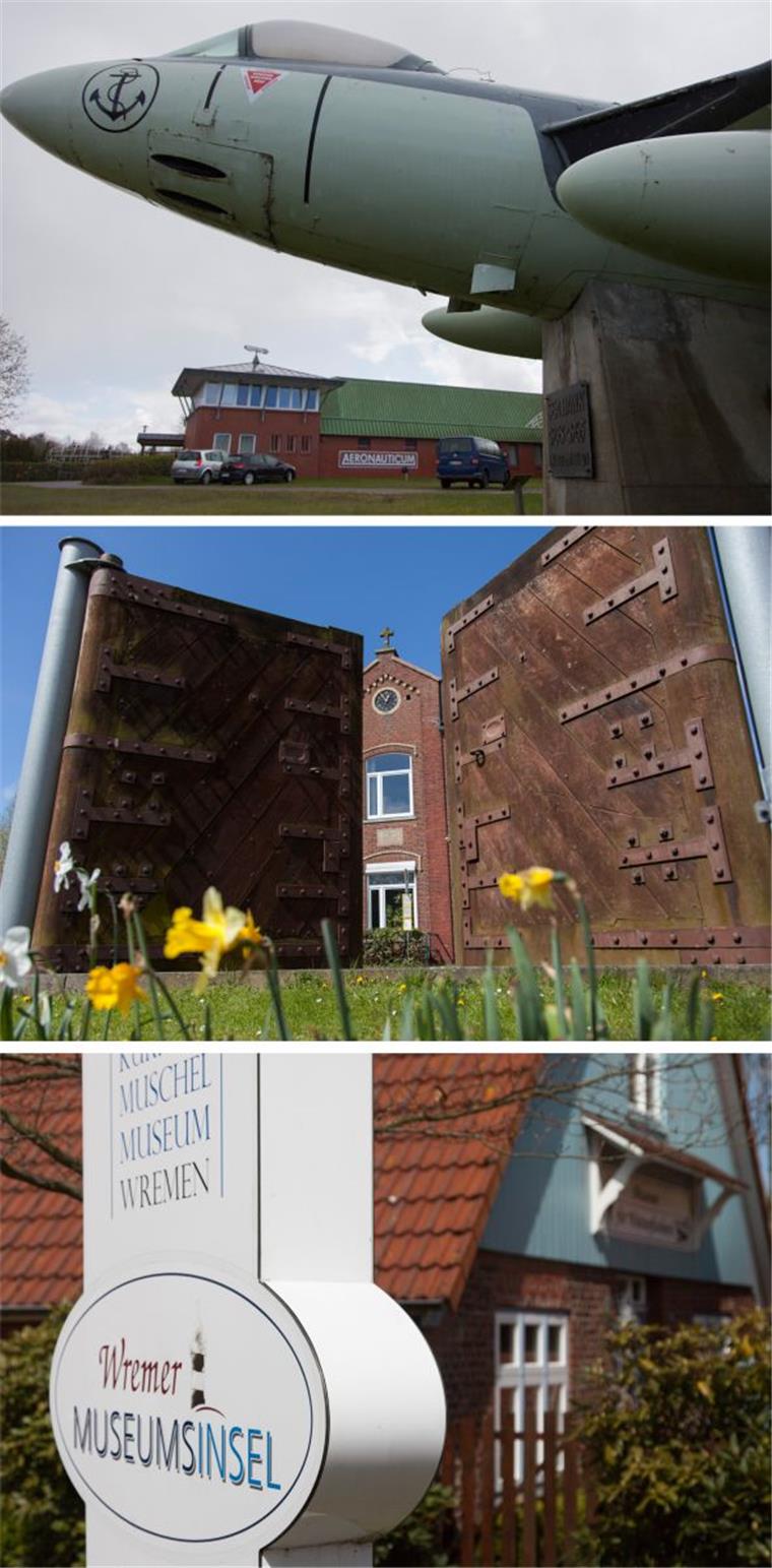 Zu wenig Besucher: Sorge um Museen an der Wurster Nordseeküste Leiden unter Besucherrückgang: das Luftschiff- und Marinefliegermuseum Aeronauticum in Nordholz (oben), das Deichmuseum in Dorum (Mitte) und die Museumsinsel in Wremen.