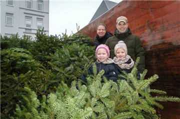 Luna (6, vorne, von links) und Lotta (6) helfen Thomas Ventzke und Jan Meiners (hinten, von links), beim Verstauen ihrer alten Weihnachtsbäume im Container. 