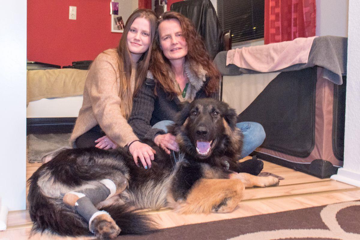 Maira Albrecht, Mutter Nicol und Hund Aaron sind glücklich.
