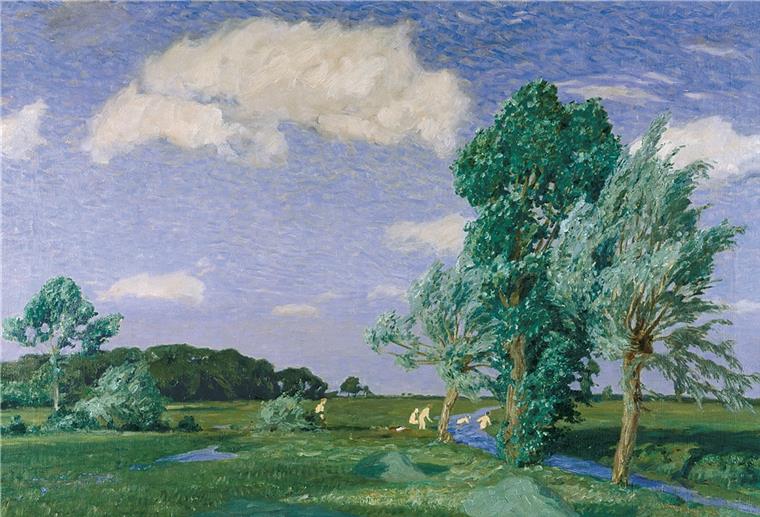 Kunstausstellung in Bremen: Von Wolken inspiriert Man muss schon genau hingucken, um die "Badenden Jungen an der Aue" zu entdecken. Auch die Wolken an einem Sommertag reizten Fritz Overbeck.