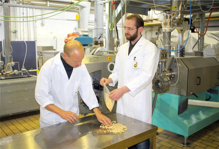 Forschung im Bremerhavener Technologiezentrum: Fleisch aus Kichererbsen Martin Schüring (links) begutachtet zusammen mit seinem Kollege Tobias Fitzel sogenannte Texturate. TTZ