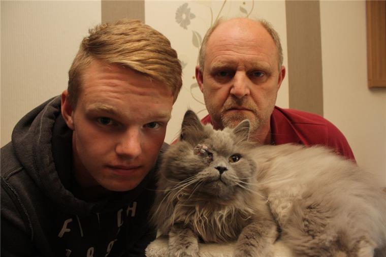 Familie geschockt: Unbekannter schießt auf ihren Kater Marvin (links) und Volker Röper mit ihrem geliebten Kater Balou. Unbekannte haben in Lunestedt mit einem Luftgewehr auf das Tier geschossen und es am Kopf schwer verletzt.