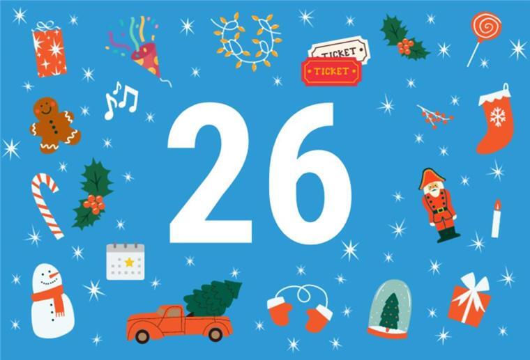 Türchen 26: 2 Karten für die Fischtown Pinguins Die Zahl 26 auf blauem Hintergrund mit weihnachtlichen Motiven.