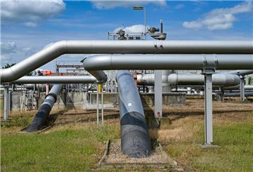 Eine Pipeline für Rohöl der Leitung Rostock - Schwedt kommt an einem Tanklager für Rohöl der PCK-Raffinerie GmbH aus der Erde.
