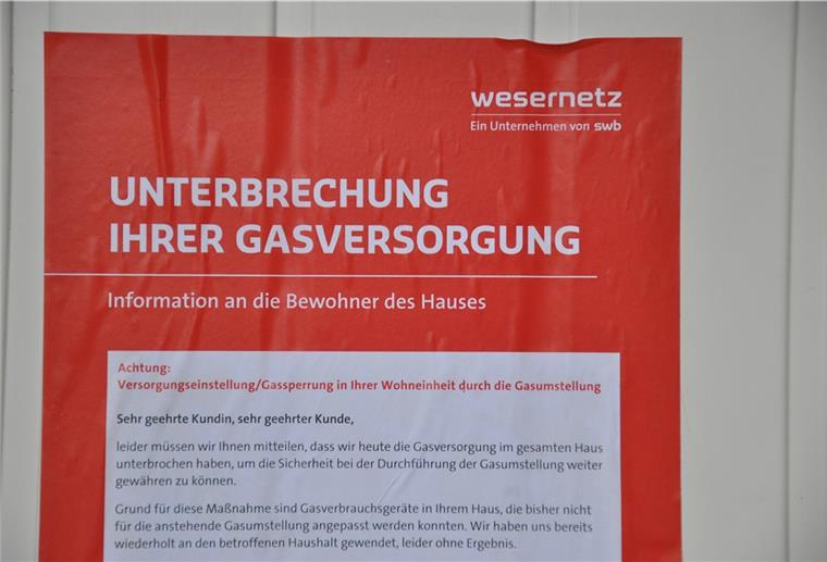 Bremerhaven: 400 Familien stehen ohne Gas da Mit diesem an die Haustür geklebten Zettel wurden die Hausbewohner informiert.
