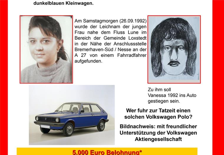 Prostituiertenmorde: Hinweise nach Zeugenaufruf Mit diesem Fahndungsplakat sucht die Polizei nach dem oder den Mördern der beiden Prostituierten. Hier ist auch der blaue Polo abgebildet, der im Zusammenhang gesehen wurde. Hinweise unter (0 47 21) 57 32 00